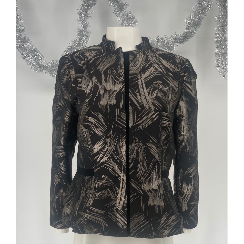 Lafayette 148 Black Metallic Gold Silver Abstract Zip Jacket Blazer Wool Blend